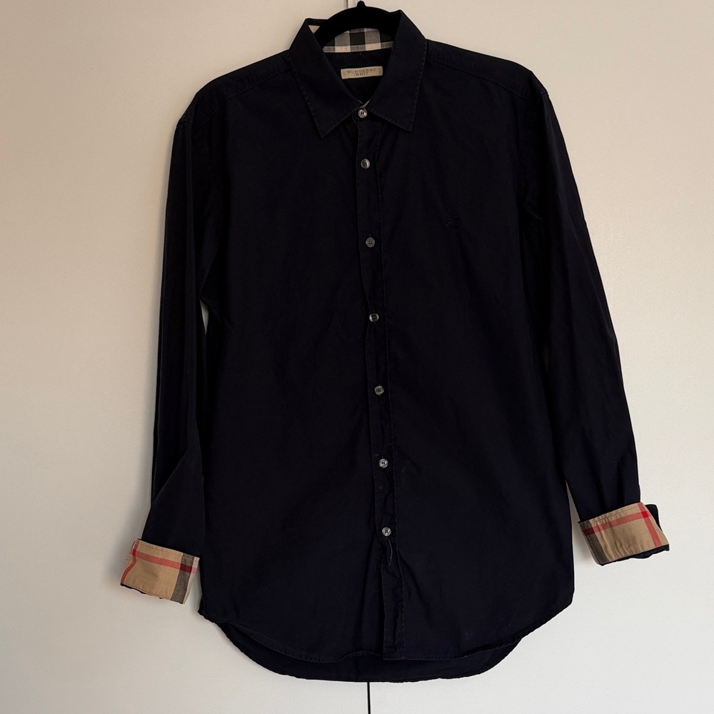 Burberry Navy Button-Down Shirt with Plaid Cuffs